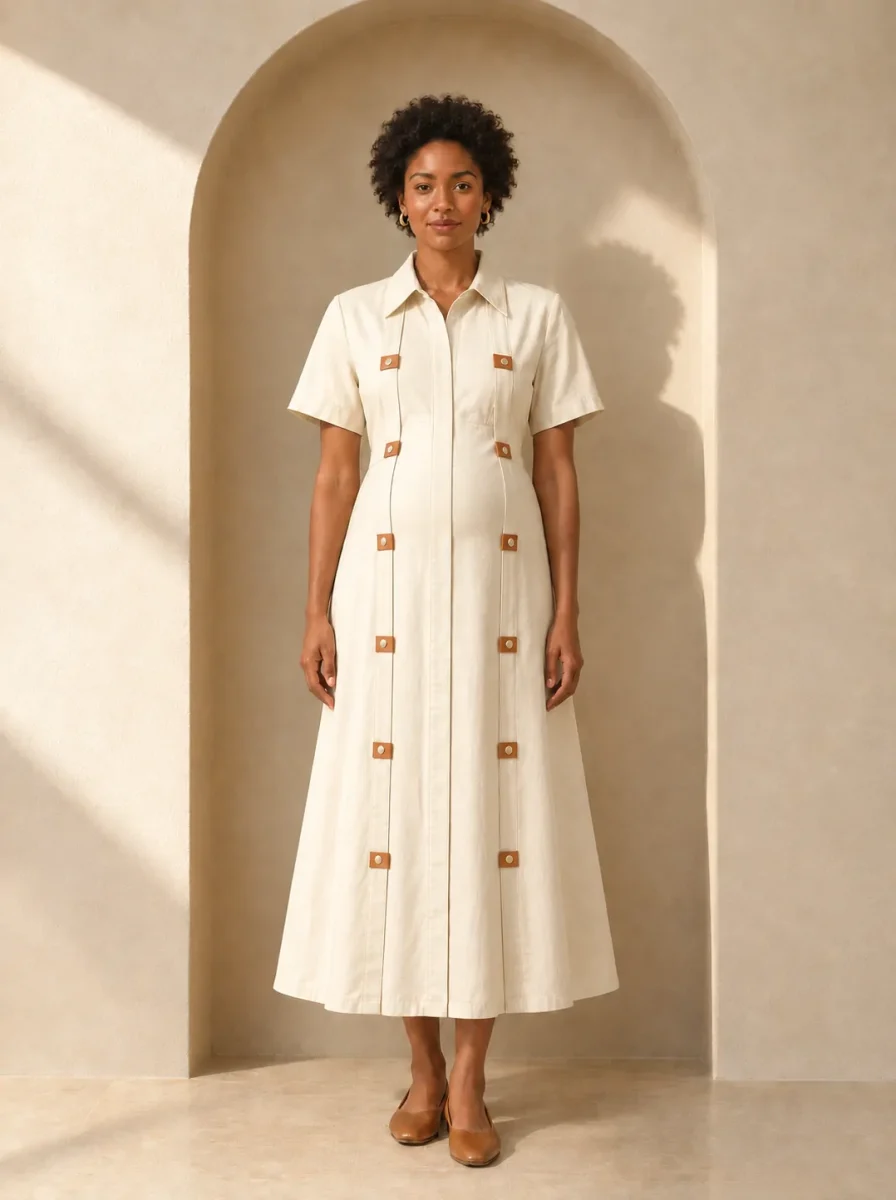 En kvinde iført Atrium Fold Dress, vist fra uge 12 til efter fødslen