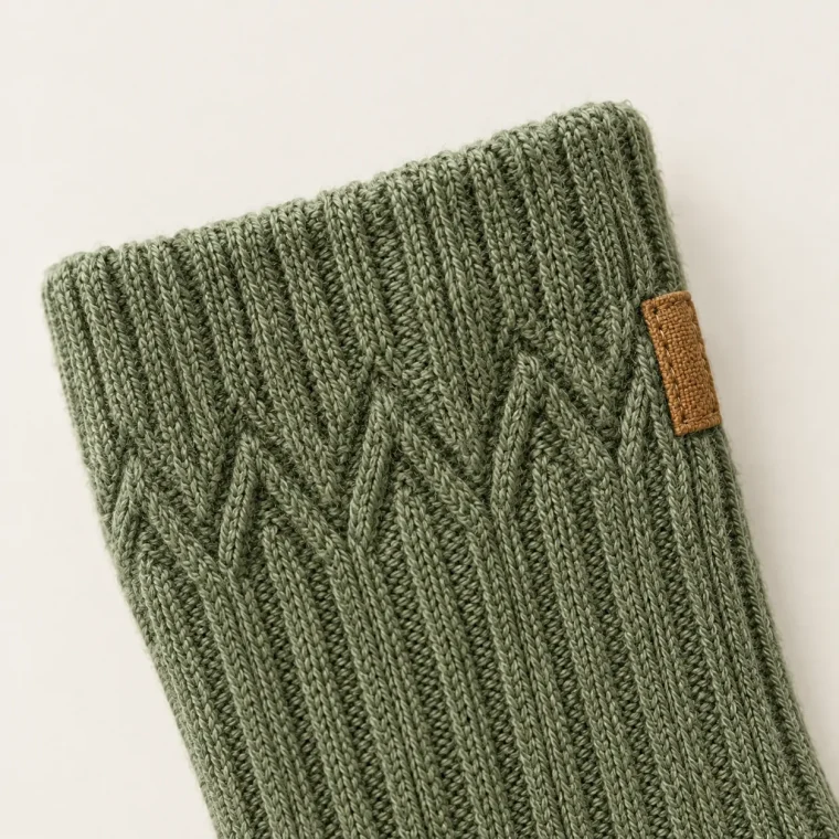 Moss Trio Lounge Socks, close-up of the fold and tabs