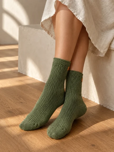 Moss Trio Lounge Socks, worn at home
