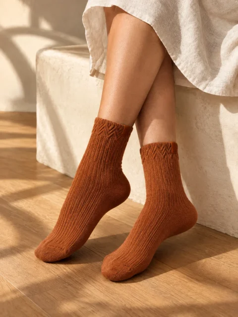 Ochre Trio Lounge Socks, worn at home
