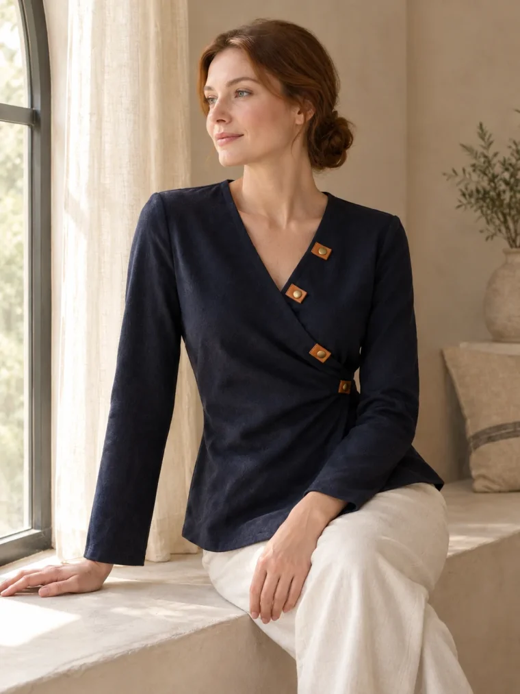 Rafter Wrap Nursing Top, being worn