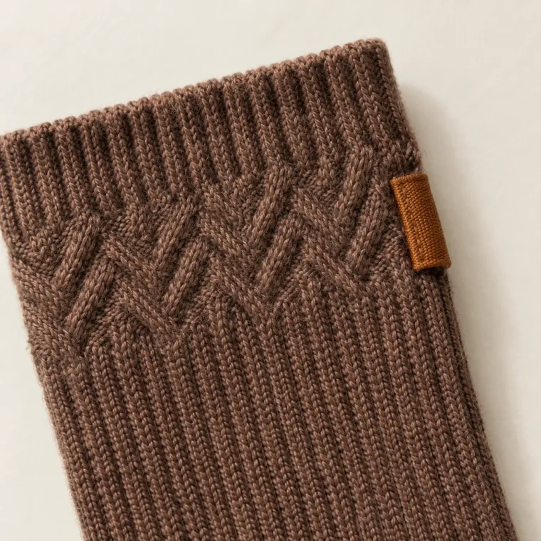 Umber Trio Lounge Socks, close-up of the fold and tabs